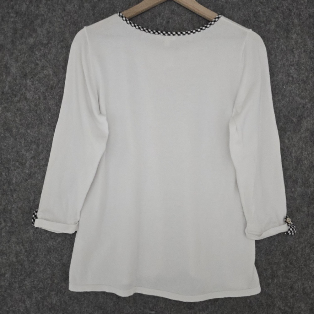 Talbots Sweater‎ Womens M White Pineapple Knit Gingham Trim Button Cuff Pullover - Picture 2 of 13